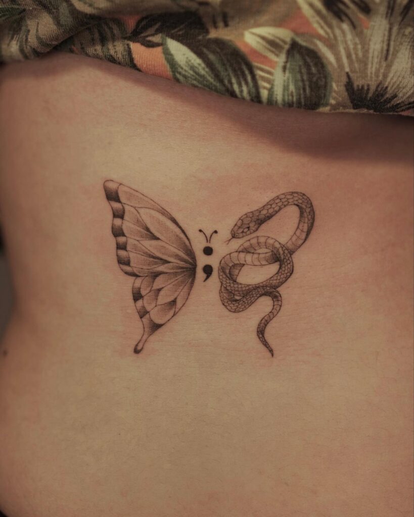 Semicolon Tattoo with a Snake on the Side Stomach: Butterfly Serenity