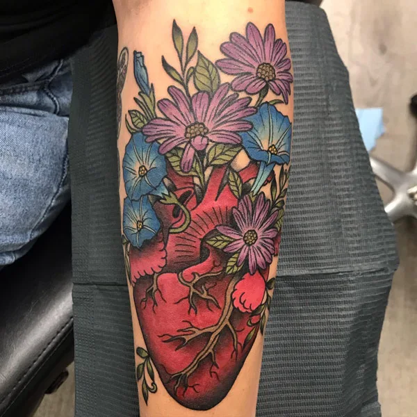 September Birth Flower on Anatomical Heart Tattoo