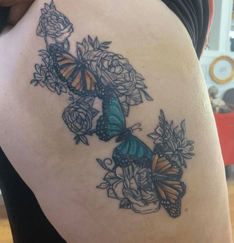 Shaded Flowers With Hovering Colorful Butterflies for Thigh