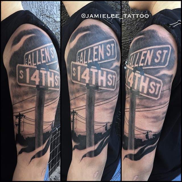 Shaded Biceps Street Name Tattoos