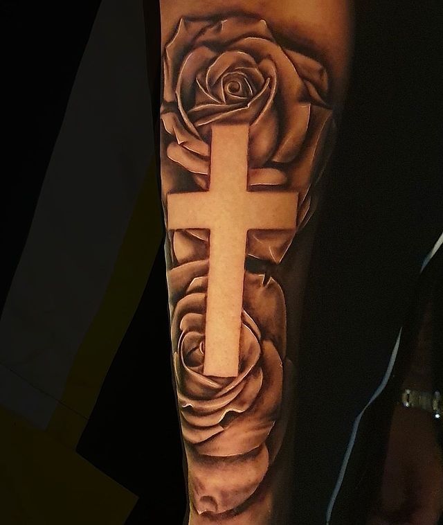 Shaded Cross and Roses Tattoo for Men