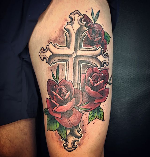 Shaded Cross With Red Rose Tattoos Design for Arm