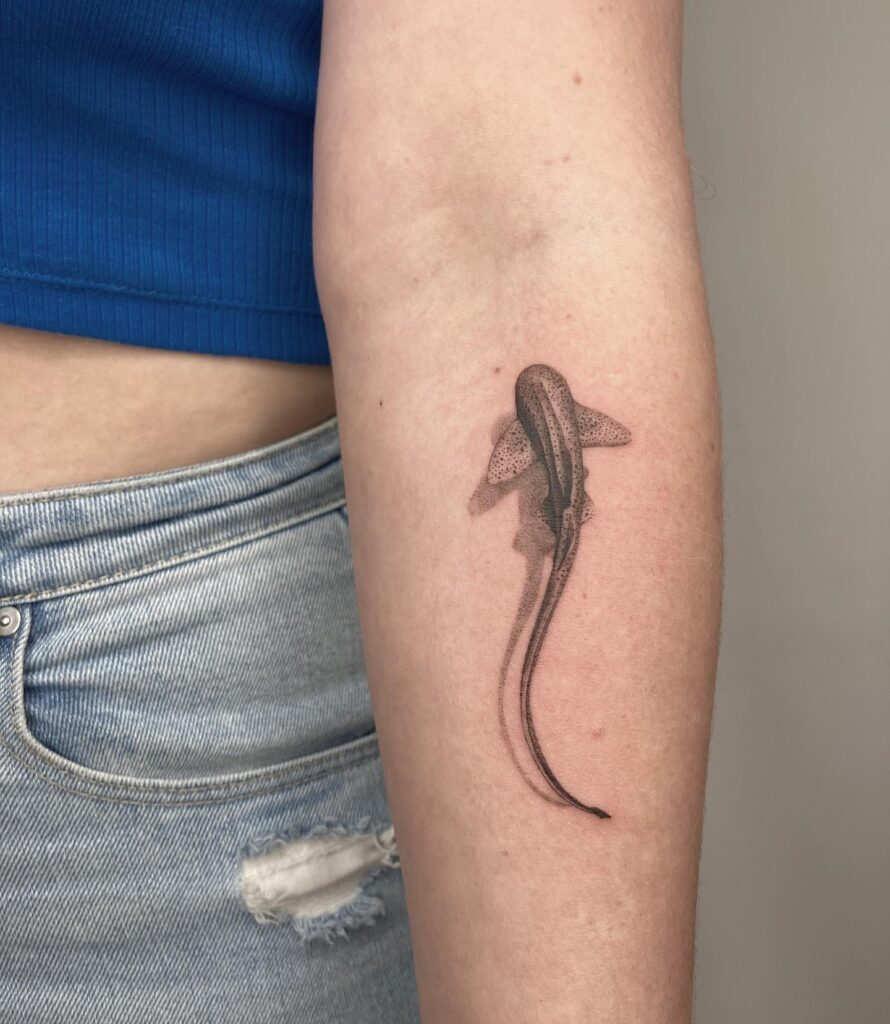 Shark Top View with Shadow Tattoo on the Below the Elbow: Ocean Depths
