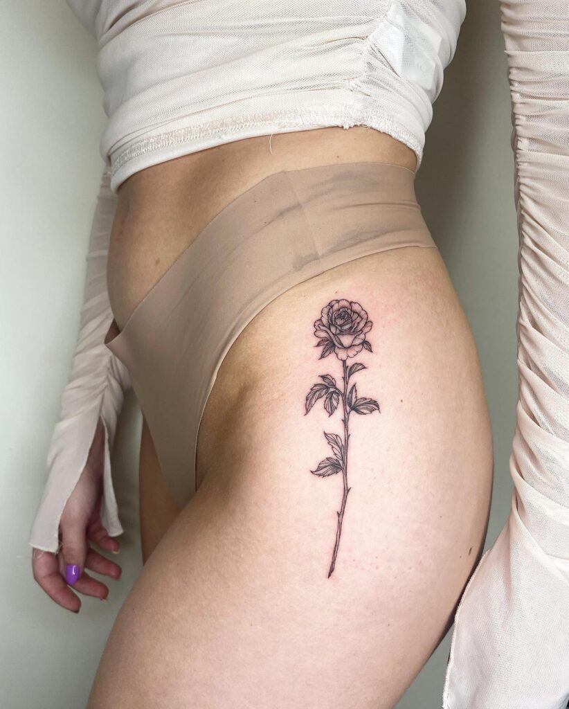 Side Hip Tattoo for Female, an Elegant Rose in Full Bloom: Rose Whispers