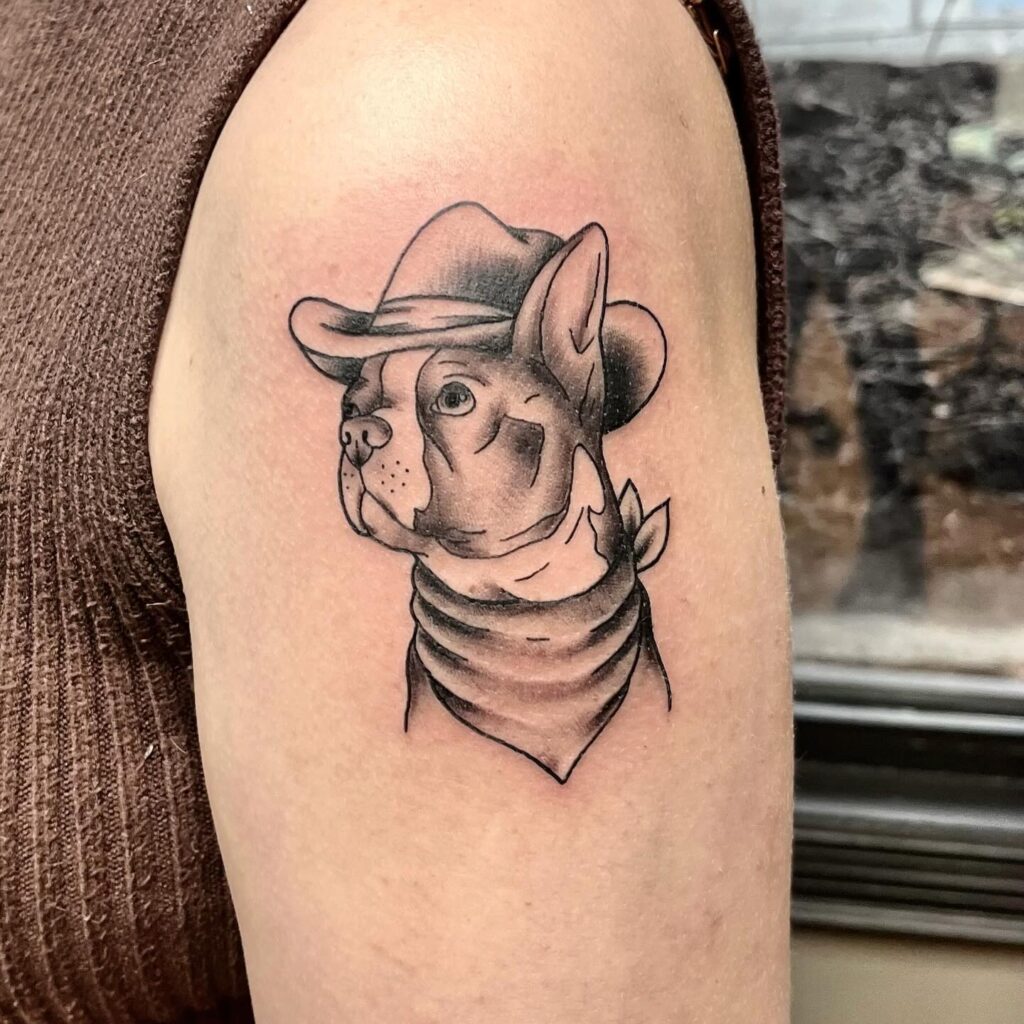Side Looking Fashionable Pitbull Wearing a Hat in Black and Grey on the Arm: Fashion Forward