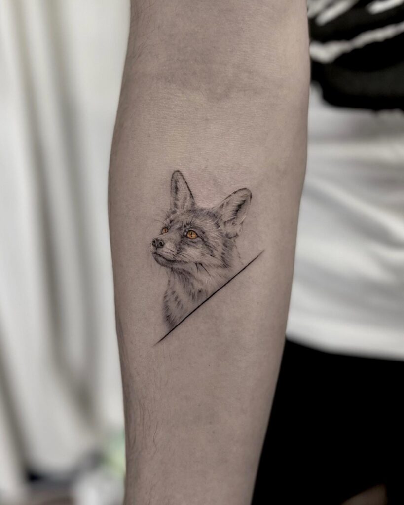 Side-Looking Fox Face Portrait Tattoo on the Forearm, Below a Horizontal Line: Mesmerizing Glance