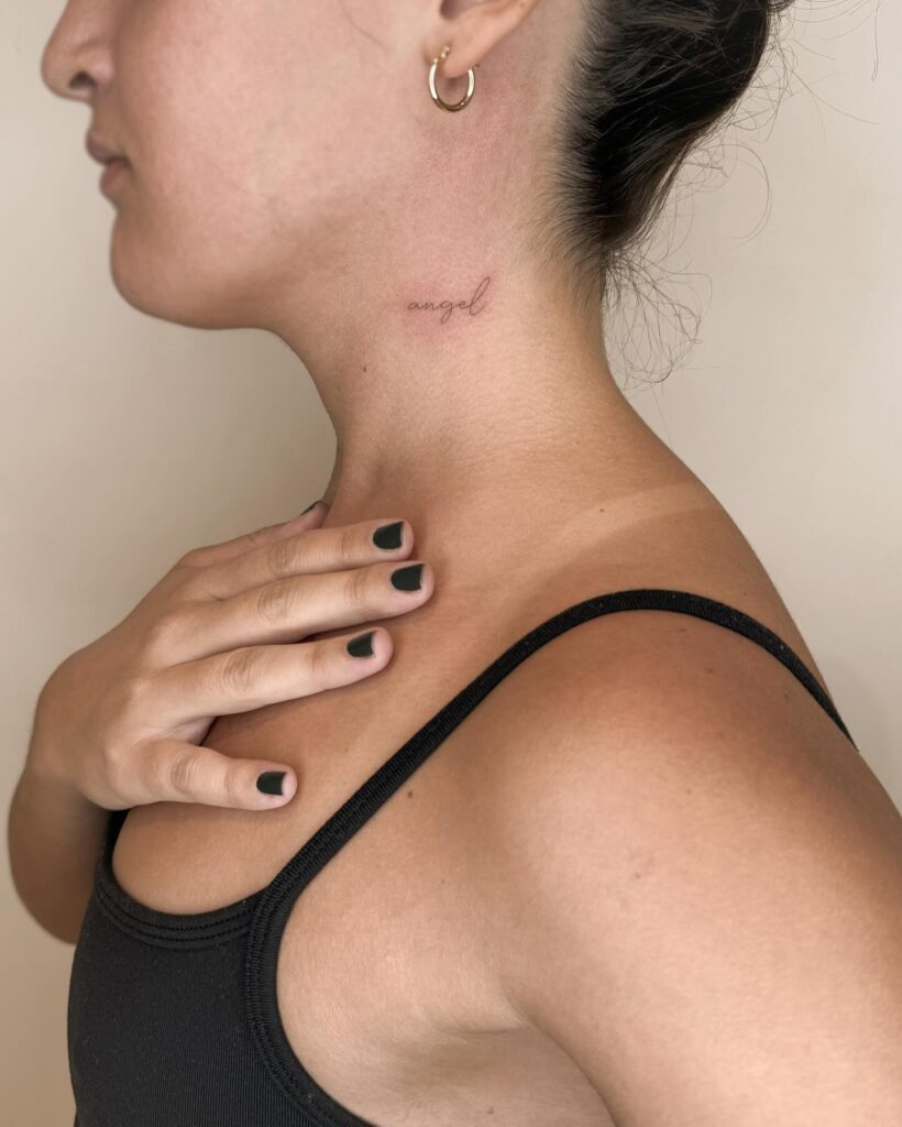 Side Neck Angel Tattoo, a Fineline Word Lettering Elegance: Angelic Whispers