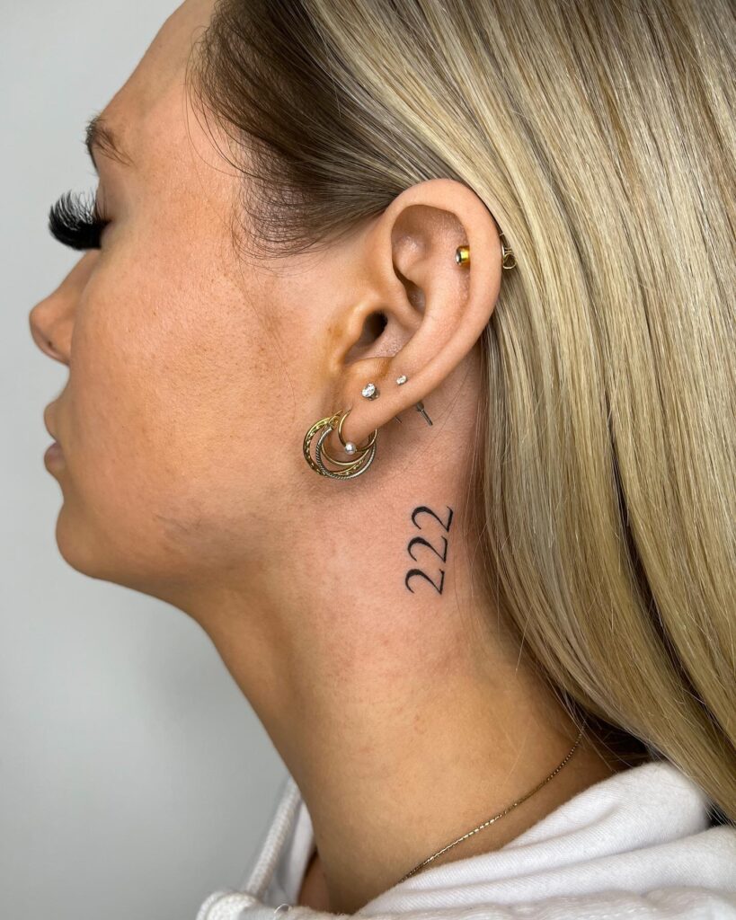 Side Neck Behind the Ear 222 Placed Tattoo for Females: Subtle Statement, a Hidden Emblem 