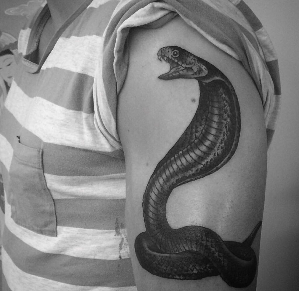 Side view coiled cobra tattoo on the upper arm, a serpentine display: coiled majesty
