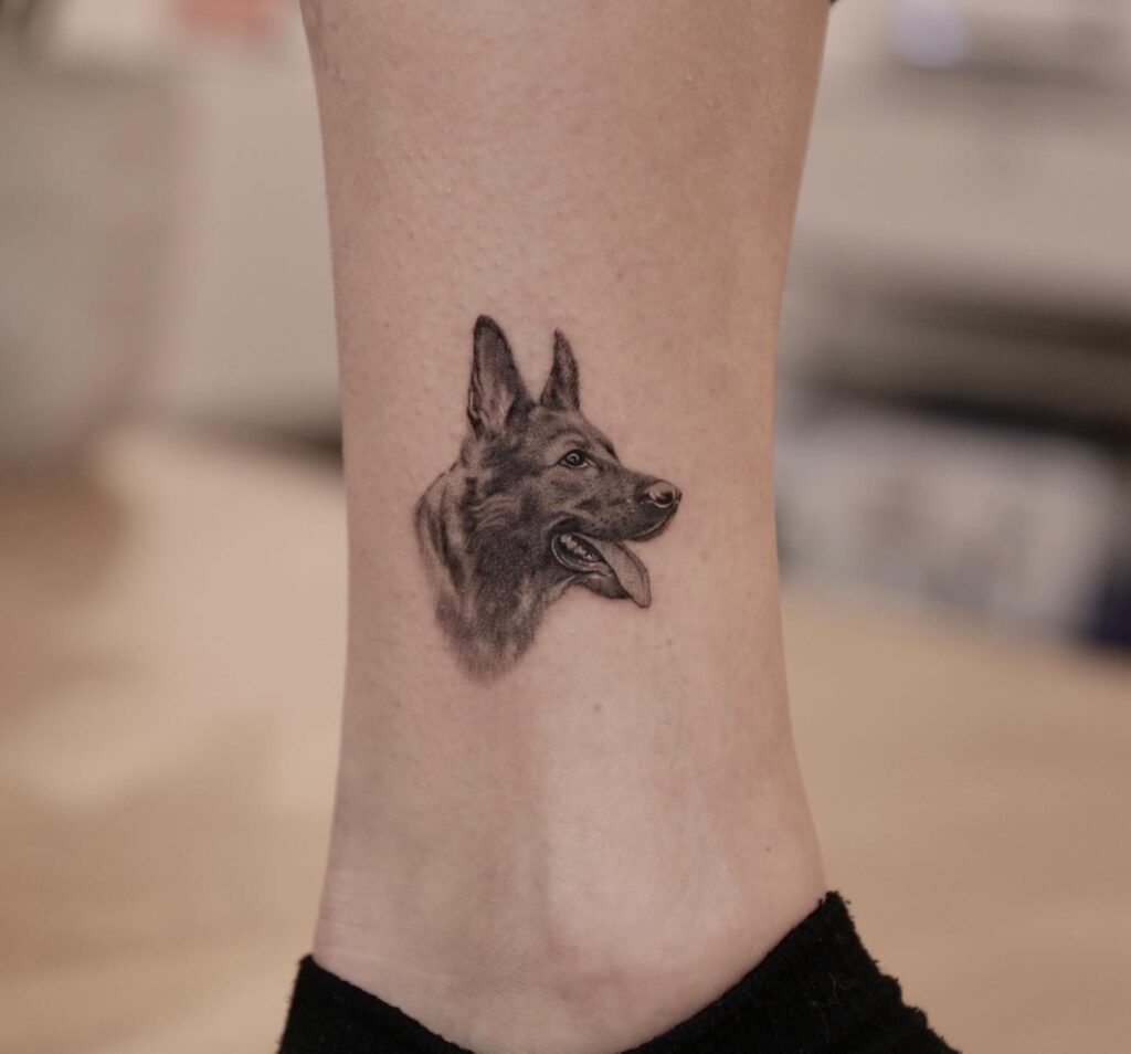 Side View German Shepherd Face Tattoo Above the Ankle: Pawtective Companion