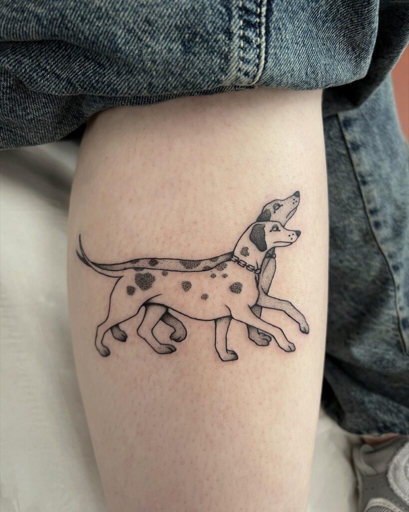 Side View Tattoo of Two Dalmatians on the Side of the Calf: Dalmatian Duo