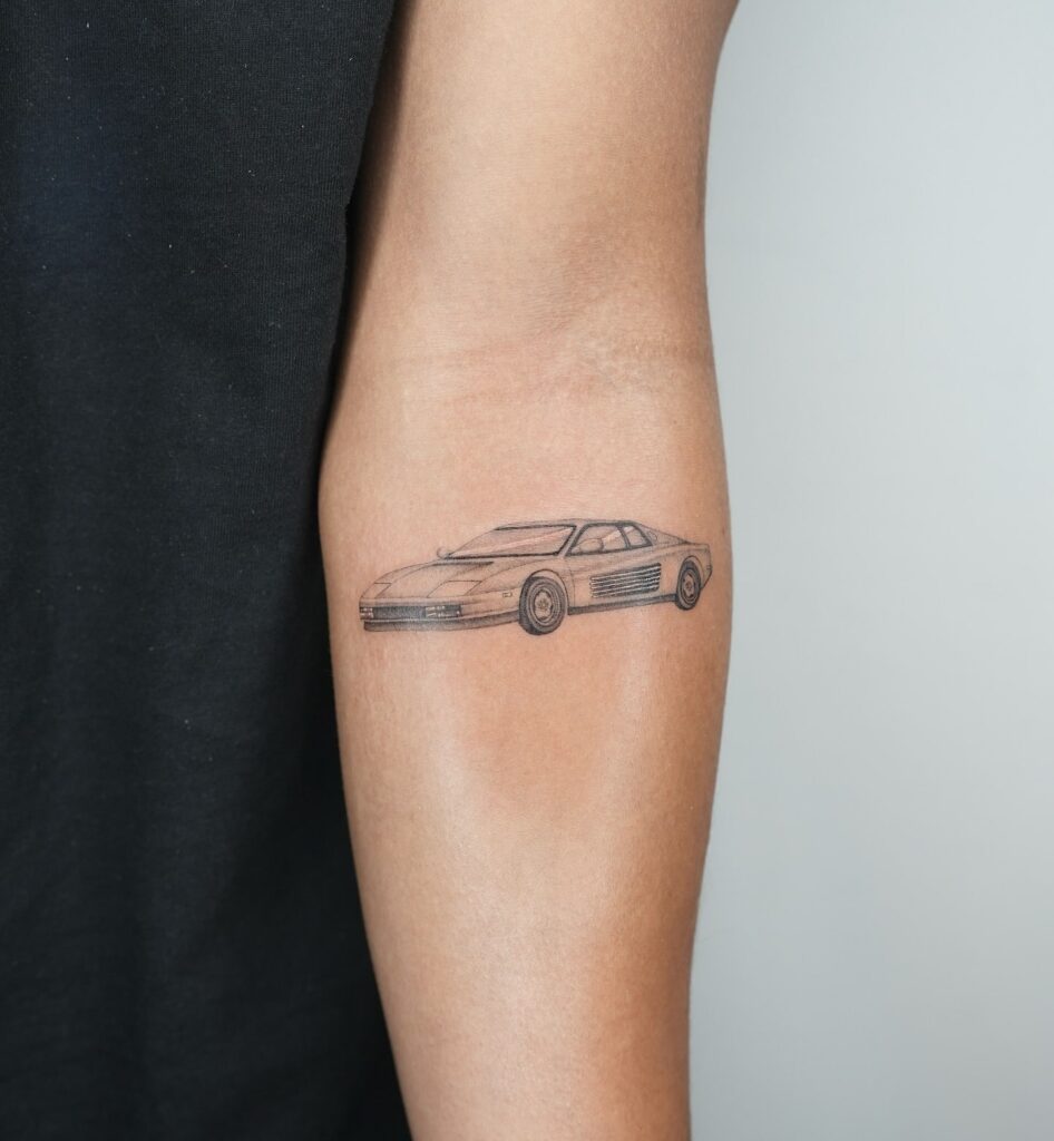 Side View White Ferrari Car Tattoo Below the Elbow – Car Tattoo Ideas