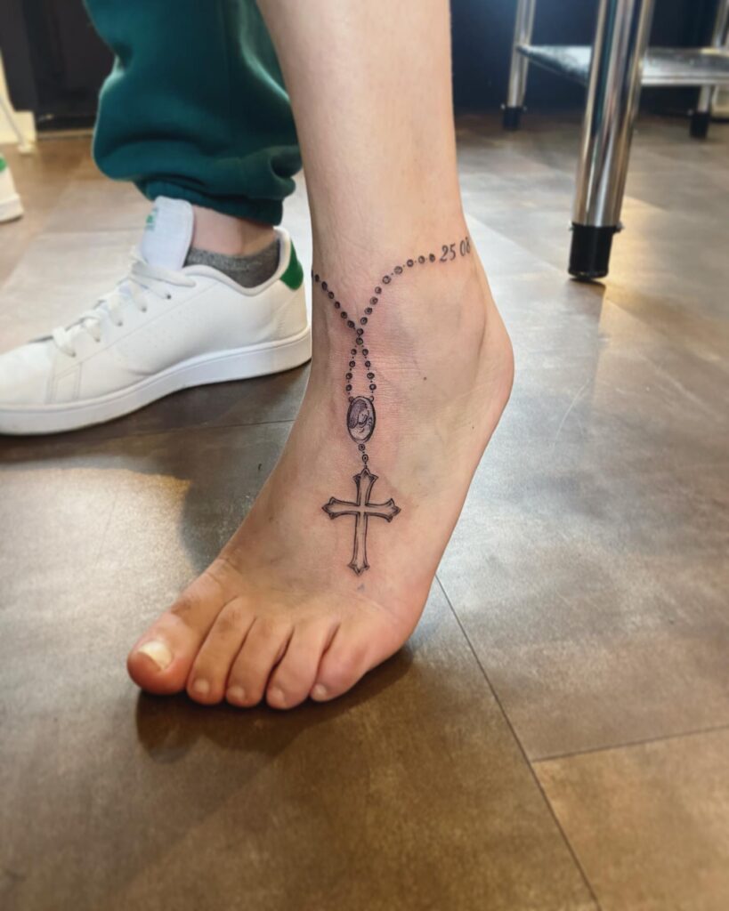 Simple Cross Necklace Tattoo on Foot Spiritual Connection