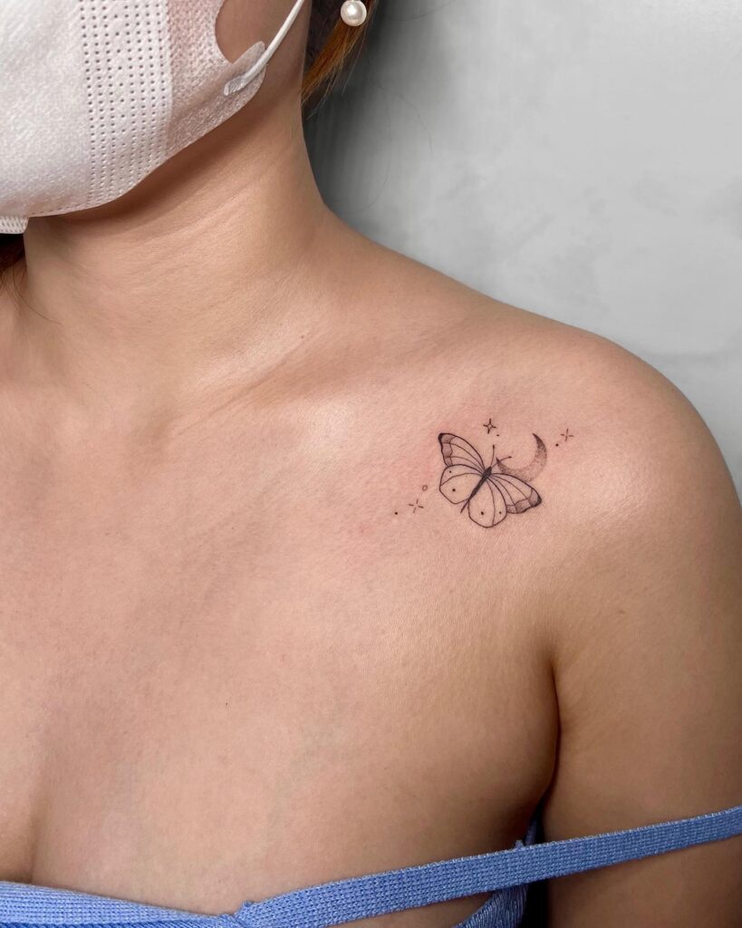 Simple collarbone butterfly, moon, and stars small tattoo, a cosmic adornment celestial whispers
