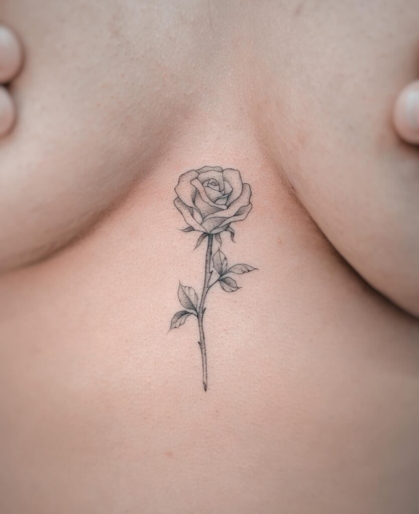 Single rose sternum tattoo with fine linework and deep symbolism