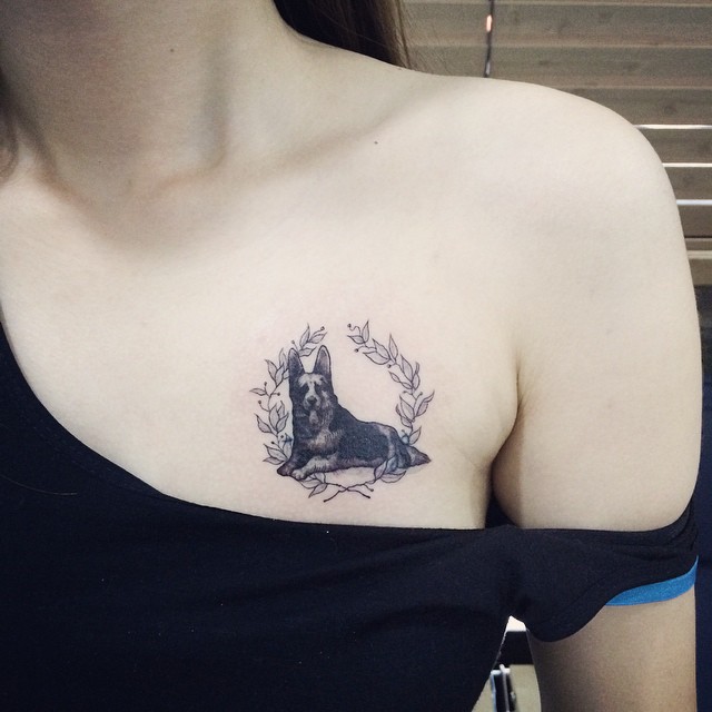 Sitting German Shepherd Tattoo with Floral Chest Art Graceful Female Body Decor