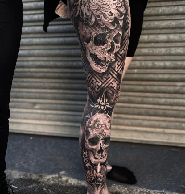Skull Leg Sleeve Tattoo 1