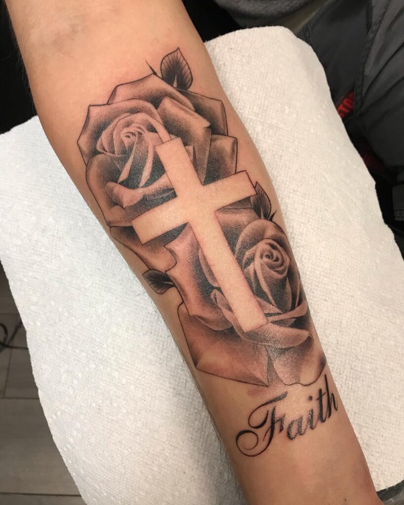 Sleeve Black and Gray Rose Tattoo with "Faith" Text Strength and Belief