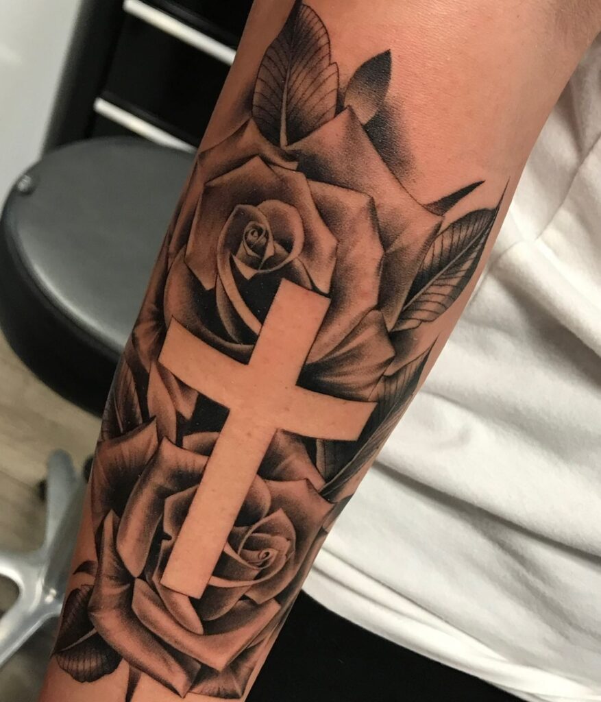 Sleeve Detailed Cross with Rose Tattoo, a Blossoming Tapestry: Intricate Sleeve