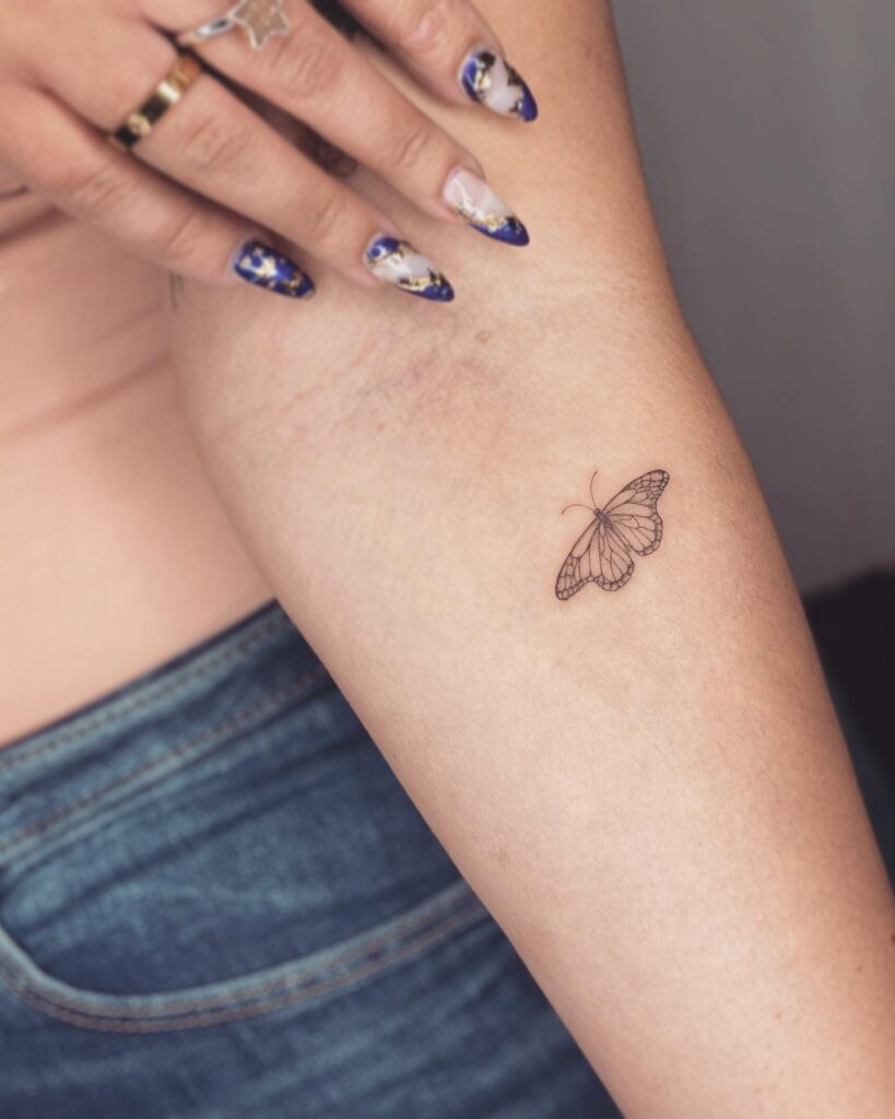 Small Black and Grey Butterfly Inner Elbow Tattoo: Inner Elbow Monarch