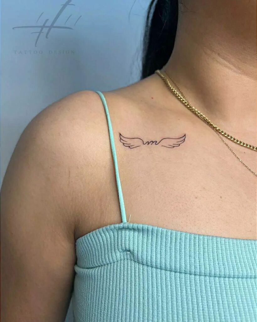 Small Lineart Wing Tattoo on the Collarbone for a Simple Touch: Light as a Feather