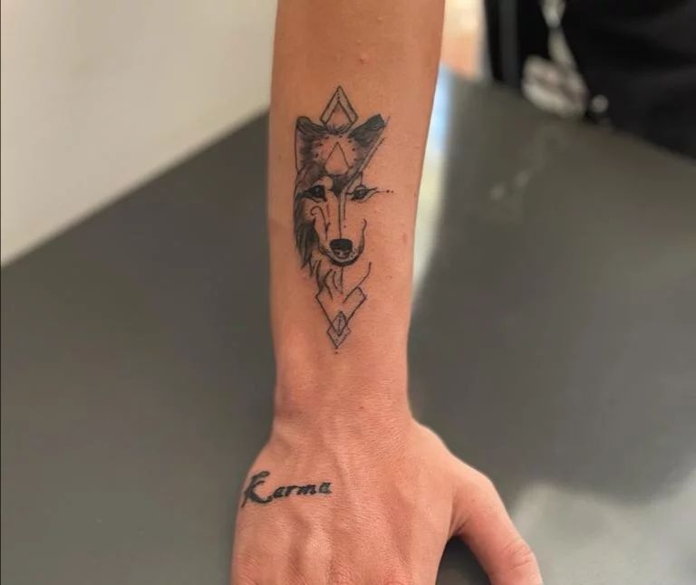 Small wolf forearm tattoos for men