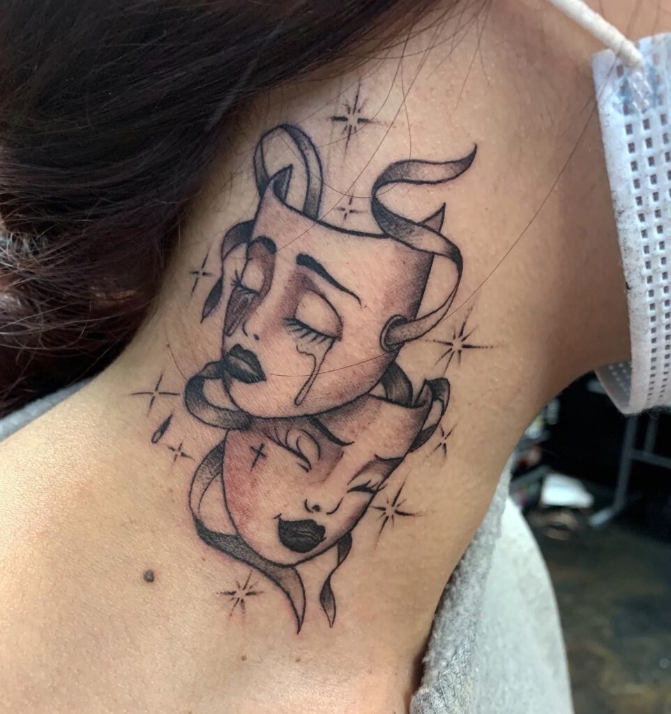 Smile Now Cry Later Tattoo: Girl Face on Side Neck with North Stars for Females