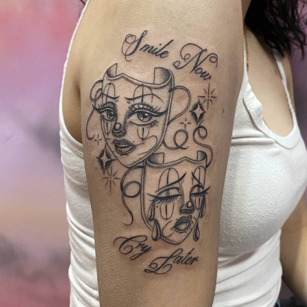 Smile Now Cry Later Tattoo with North Stars: Upper Arm Artistry
