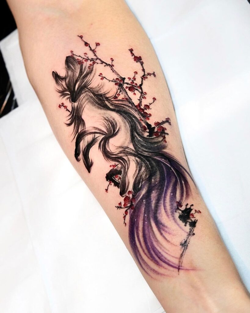 Smokey fox with blossoms on the forearm mysterious charm