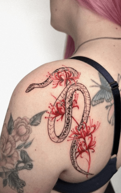 Snake Around Spider Lily Tattoo Design For Back Of Shoulder