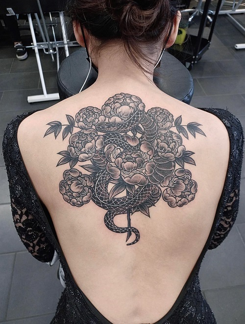 Easy and Cute Snake and Flower Tattoo