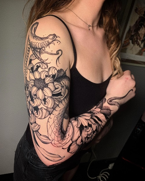 Easy and Cute Snake and Flower Tattoo 2