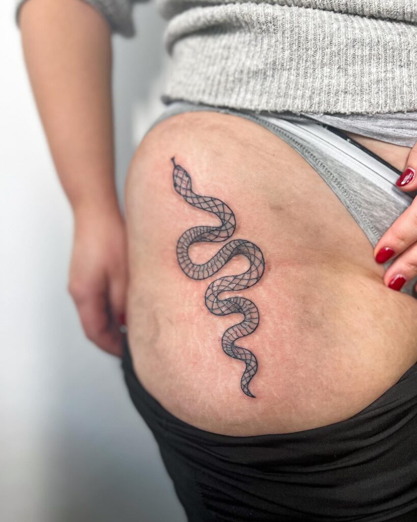 Snake Tattoo on the Hip with Intricate Patterns, a Slithering Work of Art: Serpentine Elegance