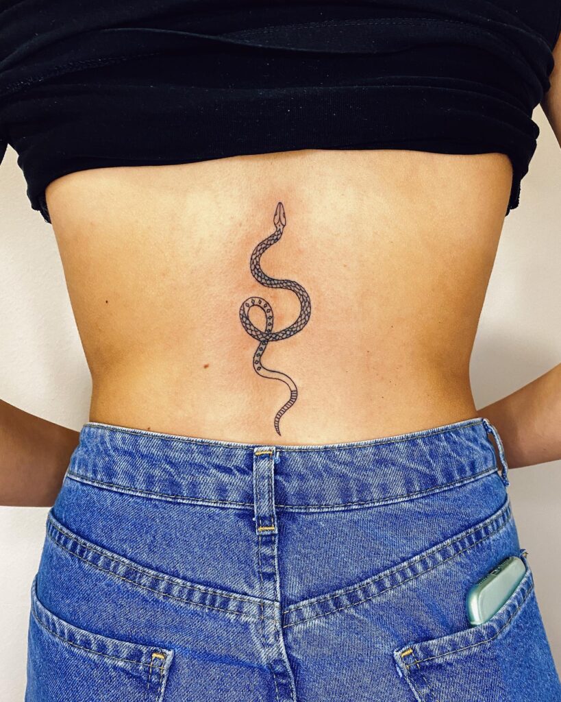 Snake with Top View Pattern Tattoo on the Lower Back: Serpentine Beauty