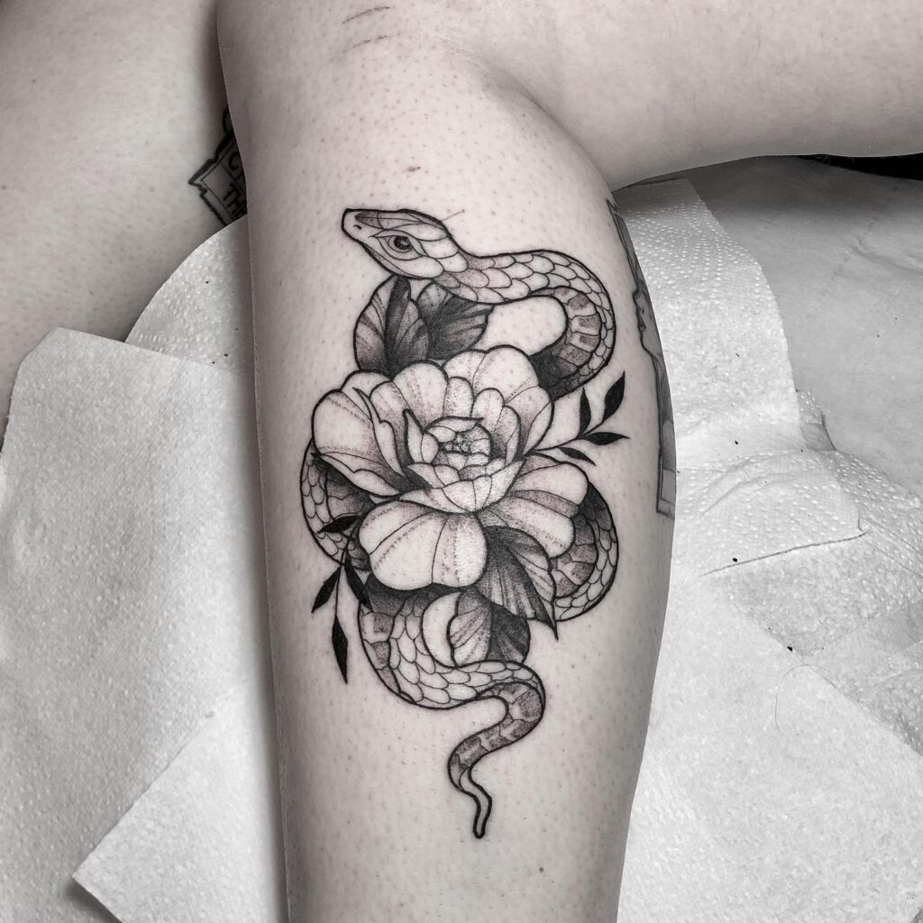 Snake Wrapped with Flowers on the Side Calf in Black and Grey: Serpentine Blooms 