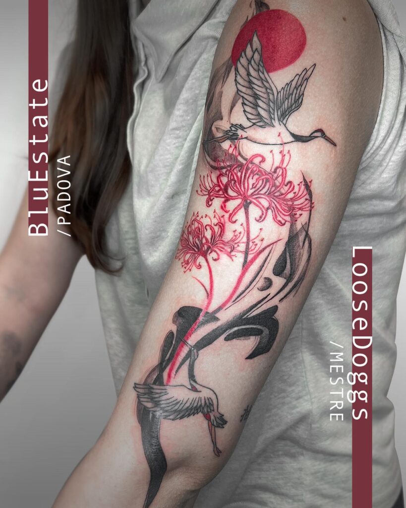 Spider lily with birds tattoo design for hand