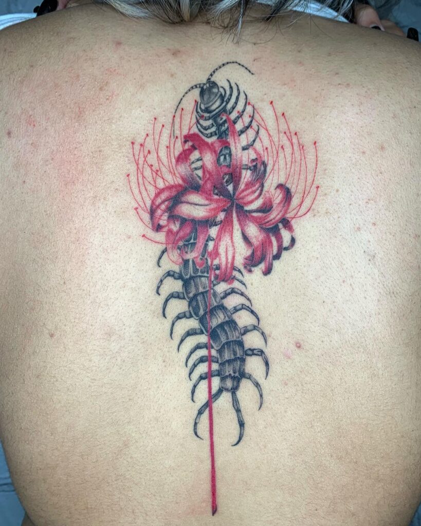 Spider lily with centipede ghoul tattoo design