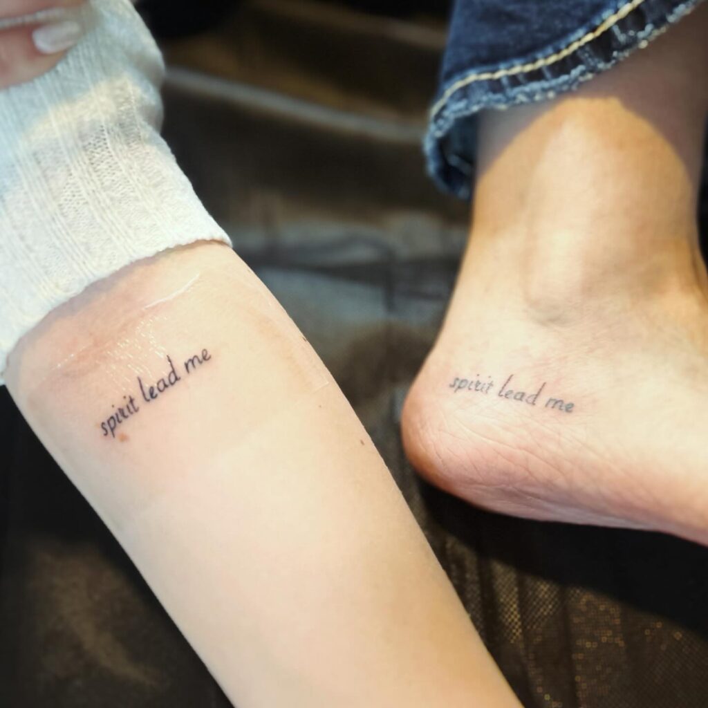 "Spirit Lead Me" script tattoo for mother and daughter faith and connection