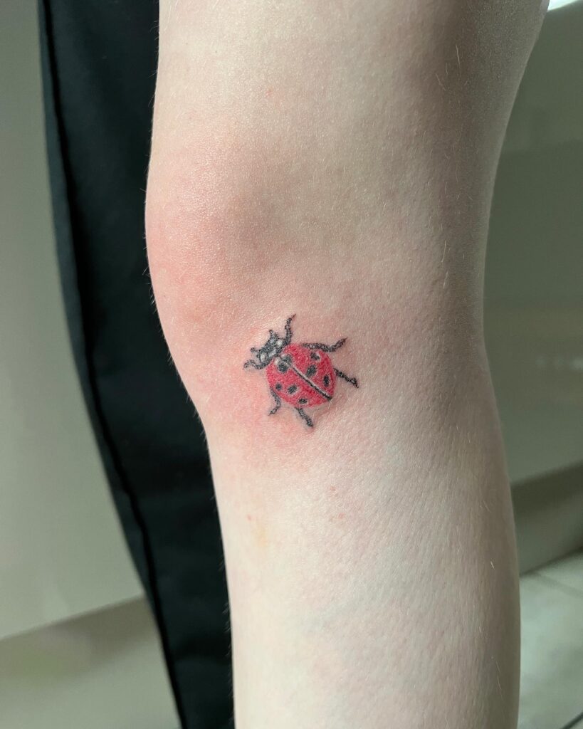 Stand out with ink unique woman below knee ladybug tattoo ideas