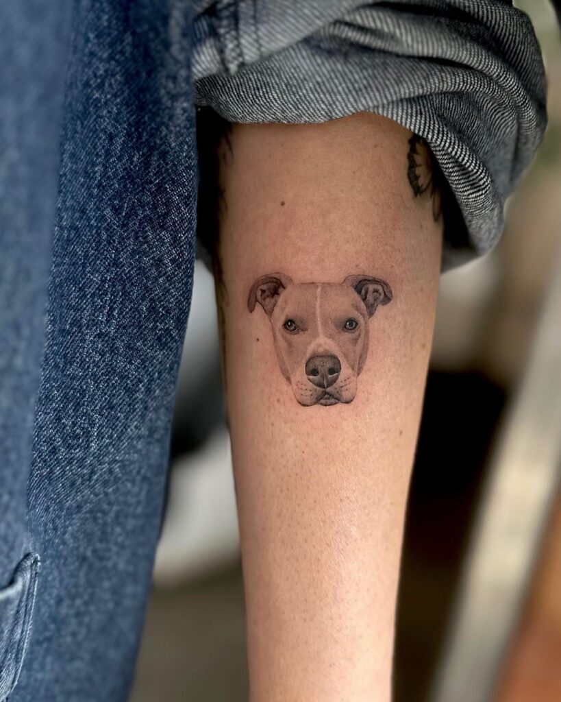 Striking Dog Portrait Tattoo on the Forearm for Women: Pitbull Pride