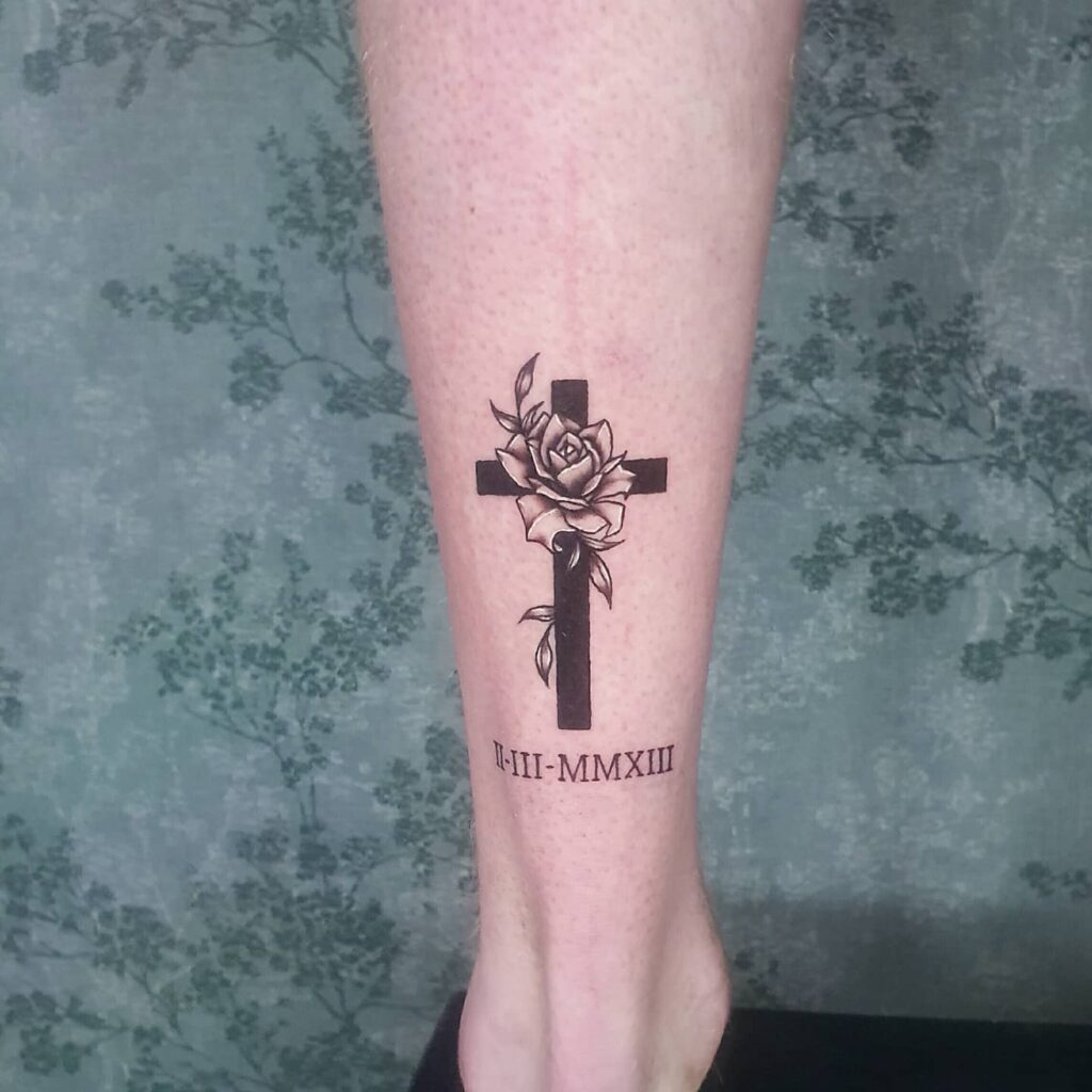 Stunning Ankle Tattoo Small Rose with Cross Enhancing Grace and Femininity