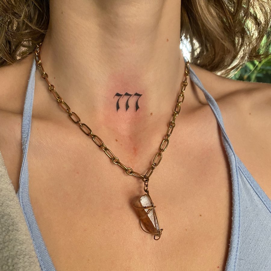 Stylish Font for Angel Number 777 Tattoo on the Throat: Throat Serenity 