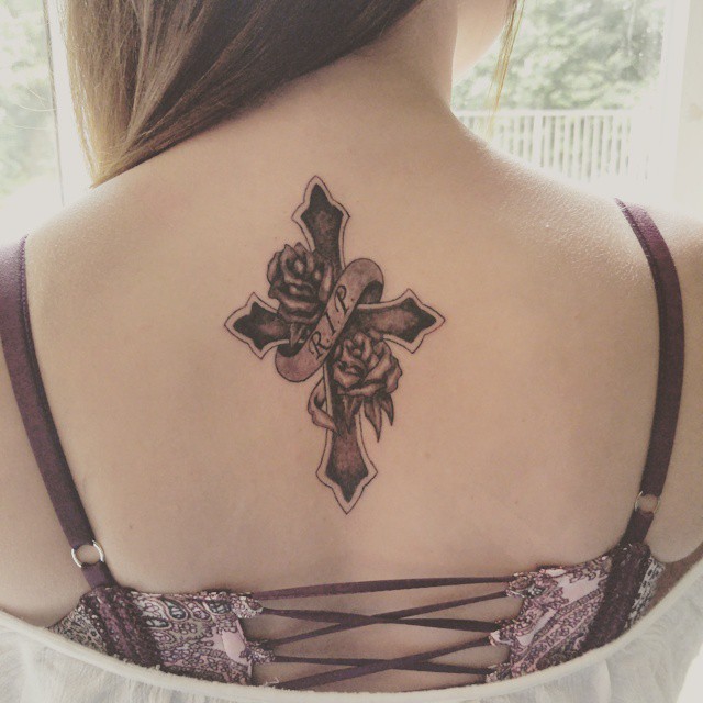 Subtle and Beautiful Roses and Cross Tattoo on the Back of the Neck