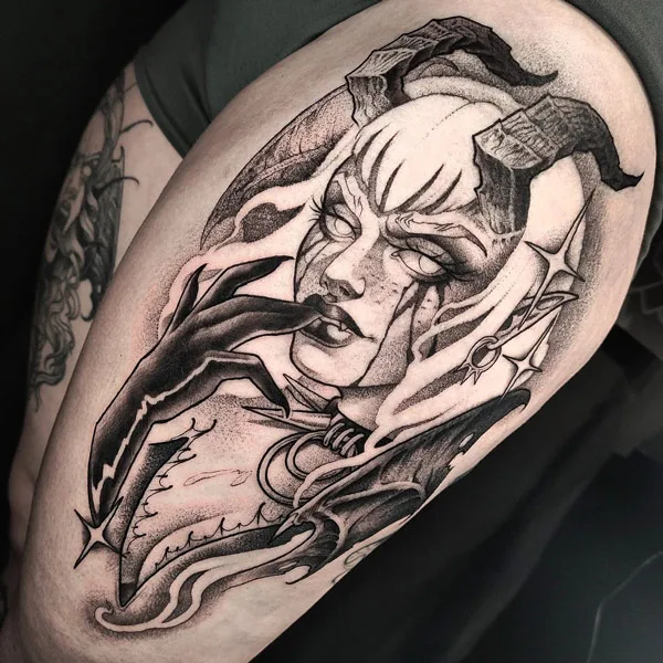 Succubus tattoo on thigh