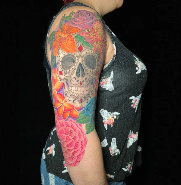 Sugar Skull Tattoo with Flower 1