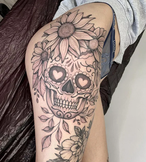 Sugar Skull Thigh Tattoo 1