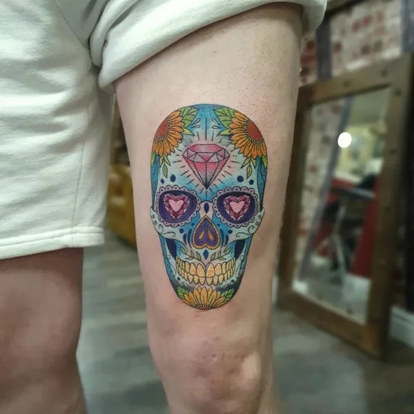 Sugar Skull Thigh Tattoo 2