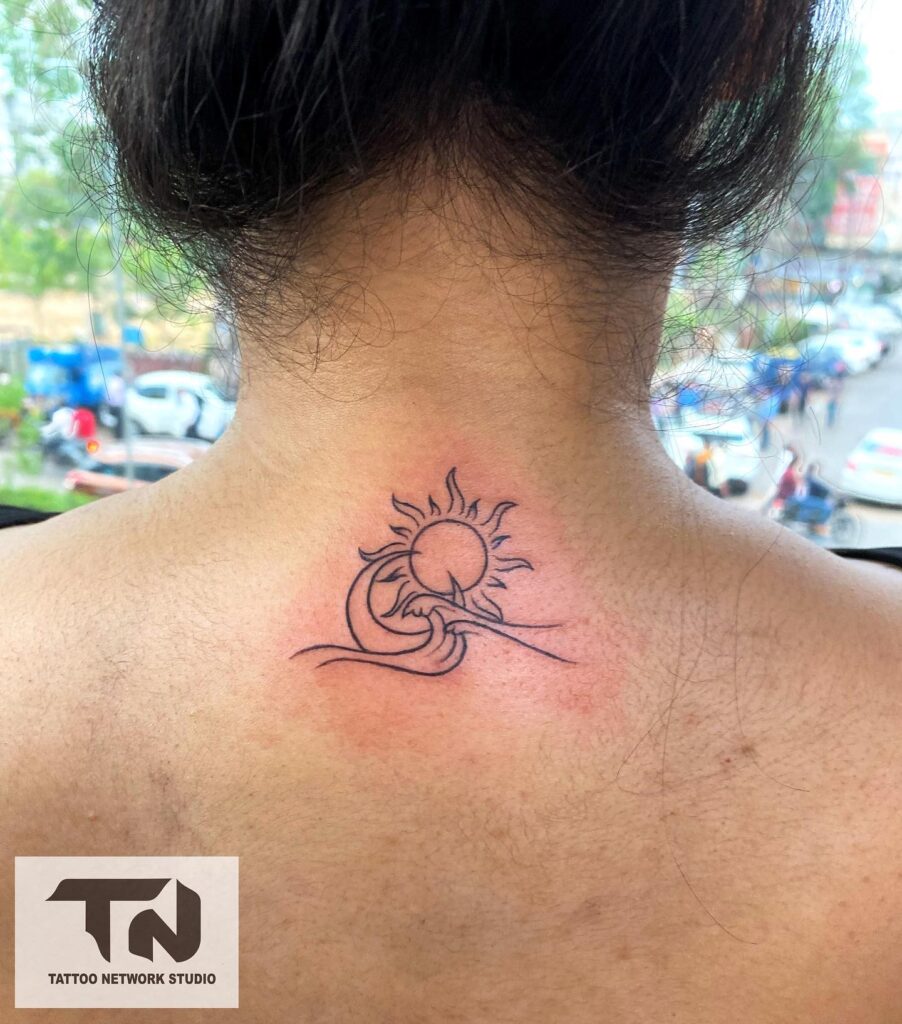 Sun moon and wave neck tattoos celestial ink