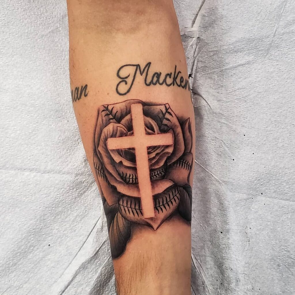 Super Fun Cross and Rose with Baseball Stitching Tattoo on the Forearm: Sporting Devotion