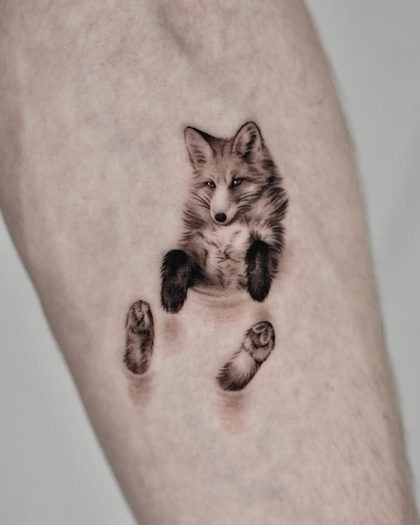 The Floating Fox Realistic Tattoo on the Forearm, Black and Grey Shaded: Playful Elegance